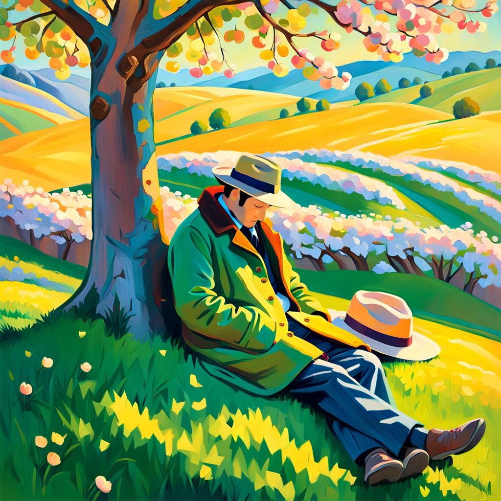 Man Sleeping Beneath Cherry Tree in Impressionist Style