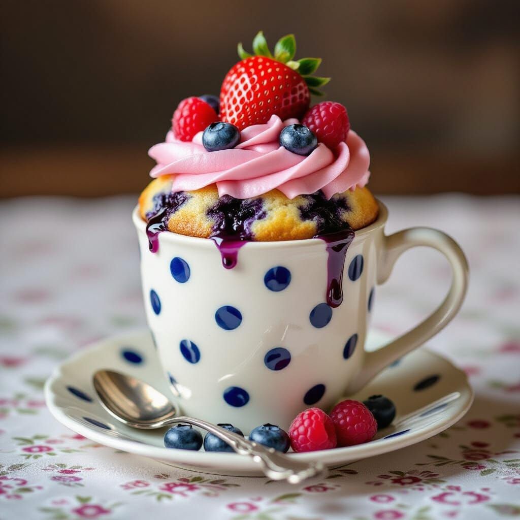 Mouthwatering Blueberry Muffin Mug Cake with Icing and Berri...