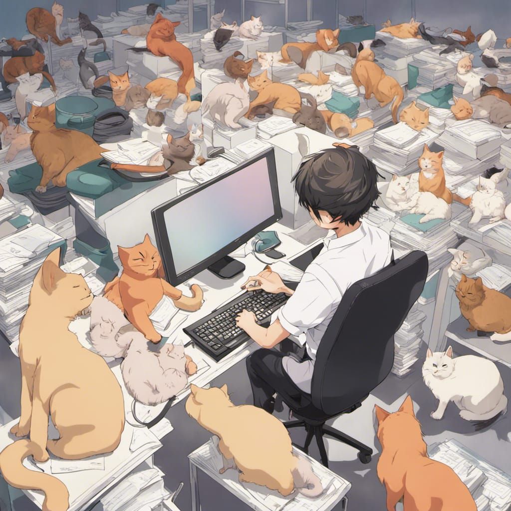 Man Working in Empty Office Surrounded by Cats in Anime Styl...