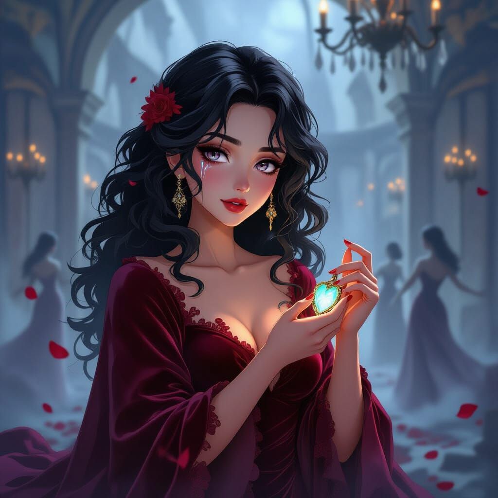 Anime Cel-Shaded Woman in Ruined Ballroom