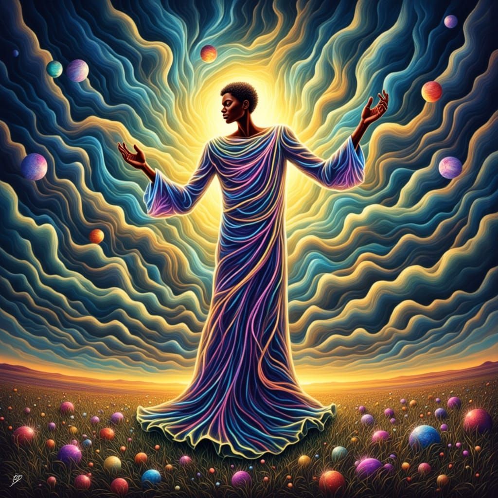 Ethereal Being Awakens Vibrant Earth in Cosmic Surrealism