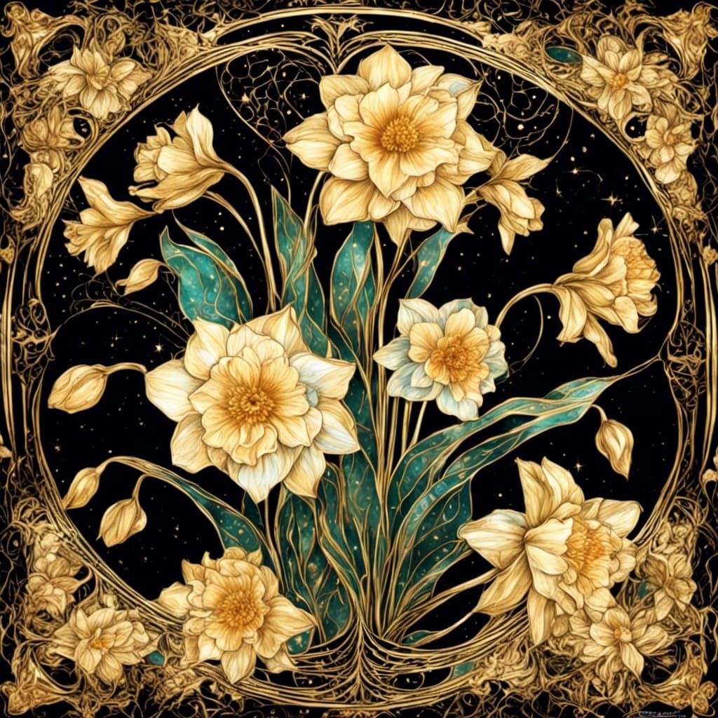 Opalescent Daffodils in Art Nouveau Gold Frame
