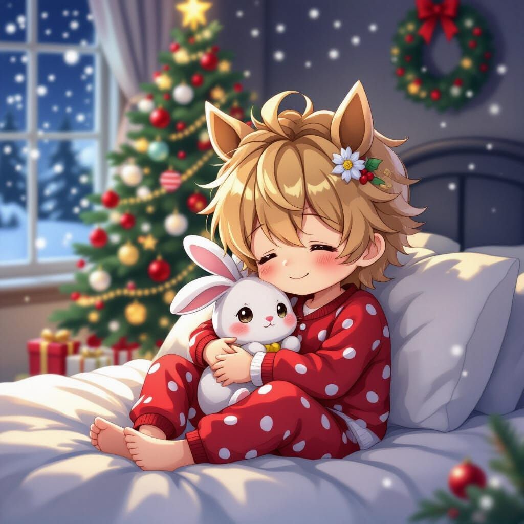 Chibi Boy Sleeps in Pajamas with Horse Ears
