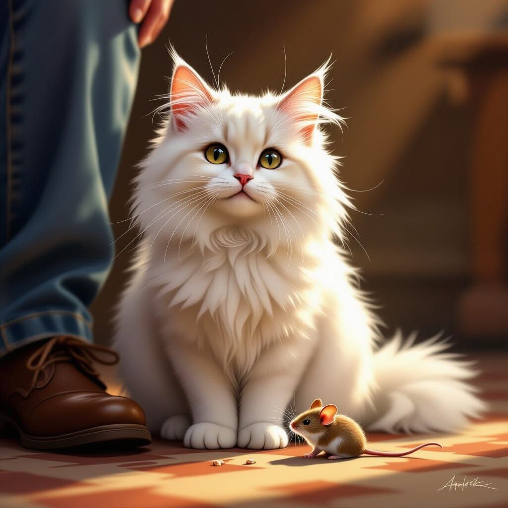 Proud Cat Presents Mouse Gift in Warm Light
