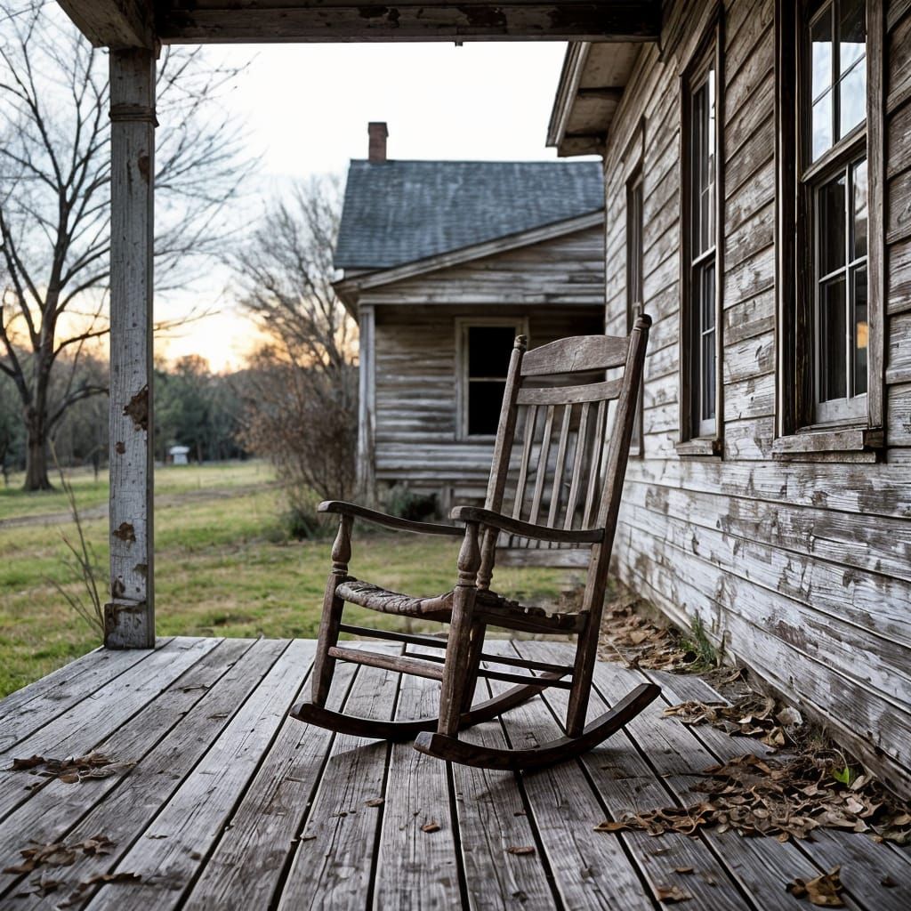 Weathered Rocking Chair on Dilapidated Farmhouse Porch