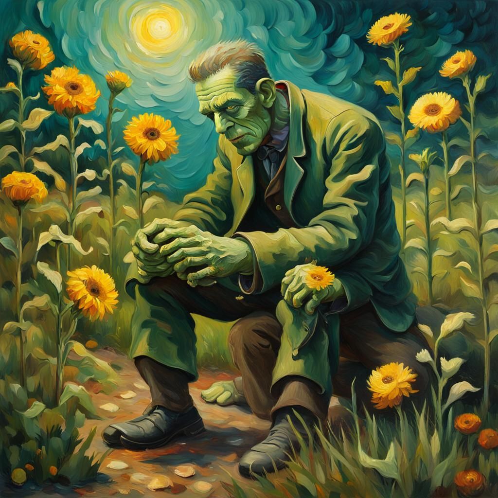 Frankenstein's Garden Feast: Van Gogh-Style Oil Painting