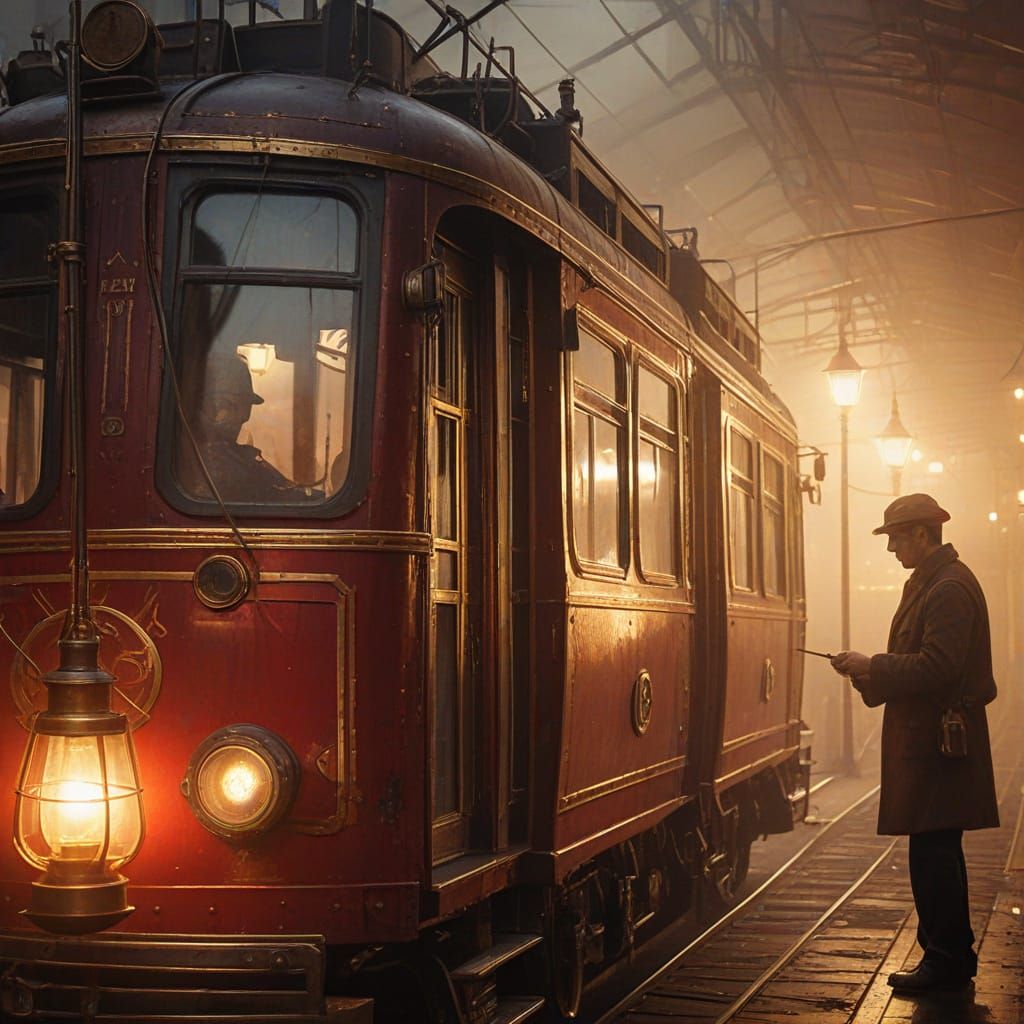 Steampunk Repairman Fixing Red Tram at Depot
