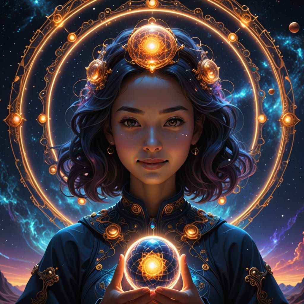 Cute Girl with Holography Orb in Cosmic Sky