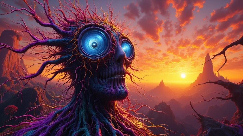 Surreal Moth Man Illuminated by Rainbow Lightning