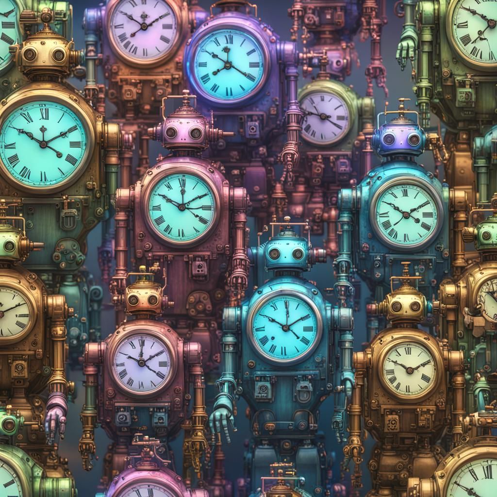 Steampunk Rainbow Robots in Time Machine Laboratory