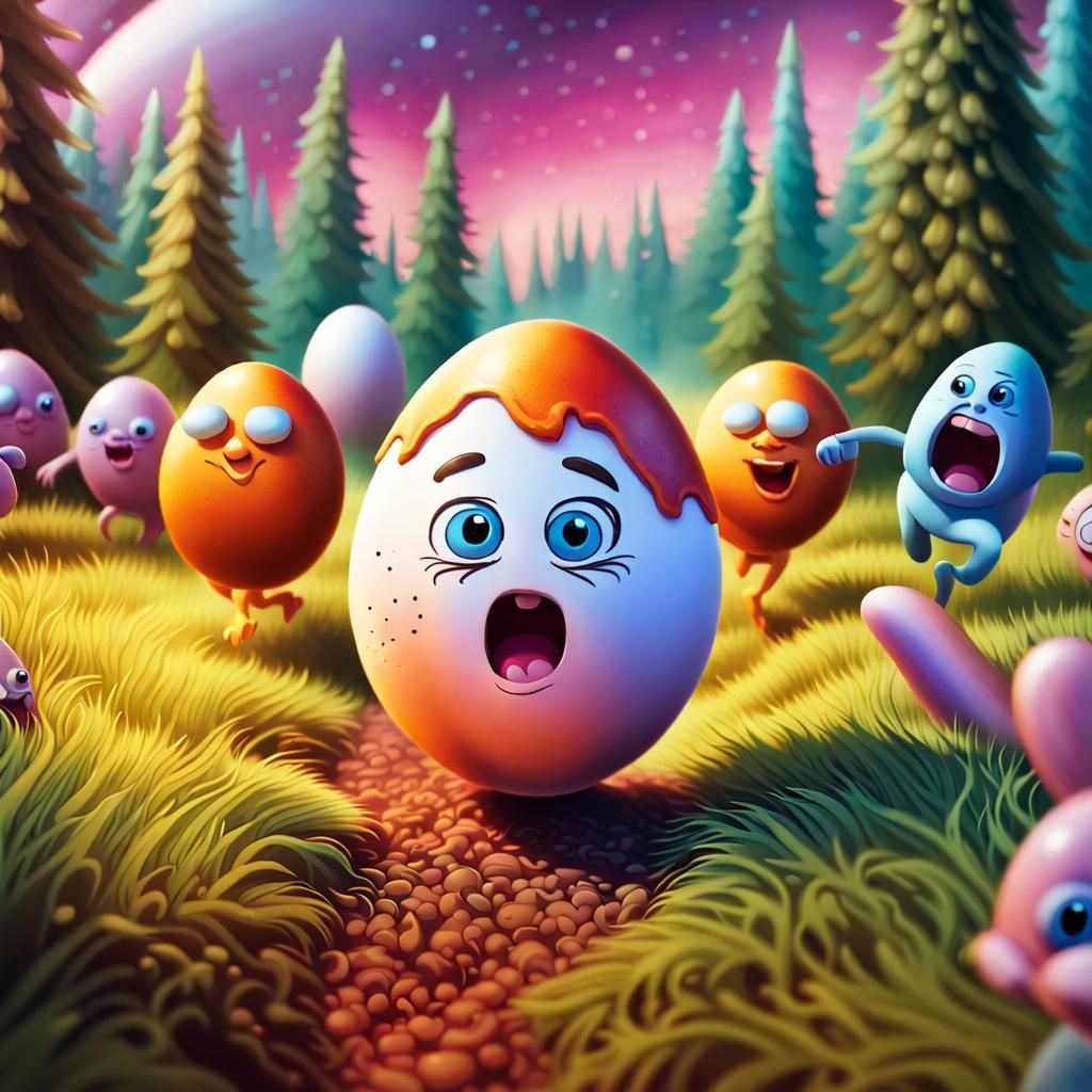Anthropomorphic Egg Escapes Children, Airbrush Art