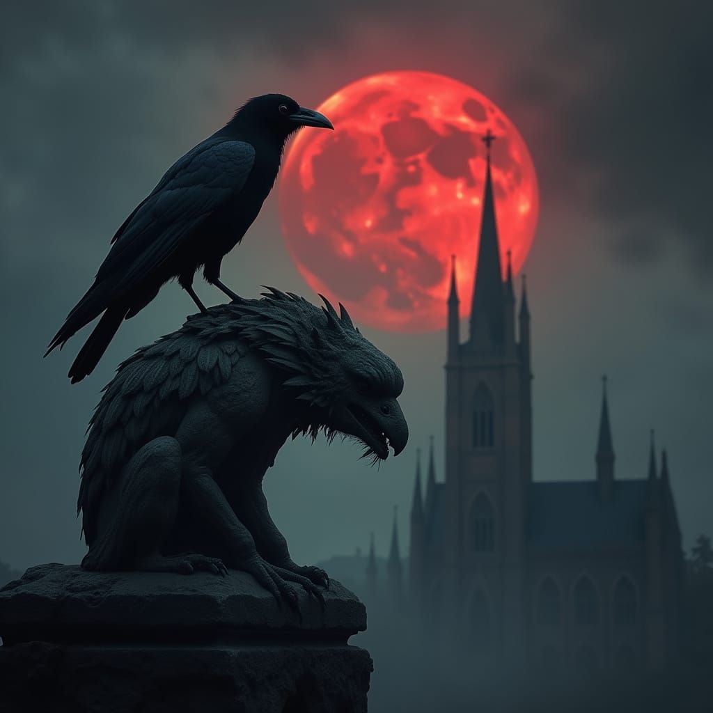 Raven on Gargoyle with Gothic Cathedral