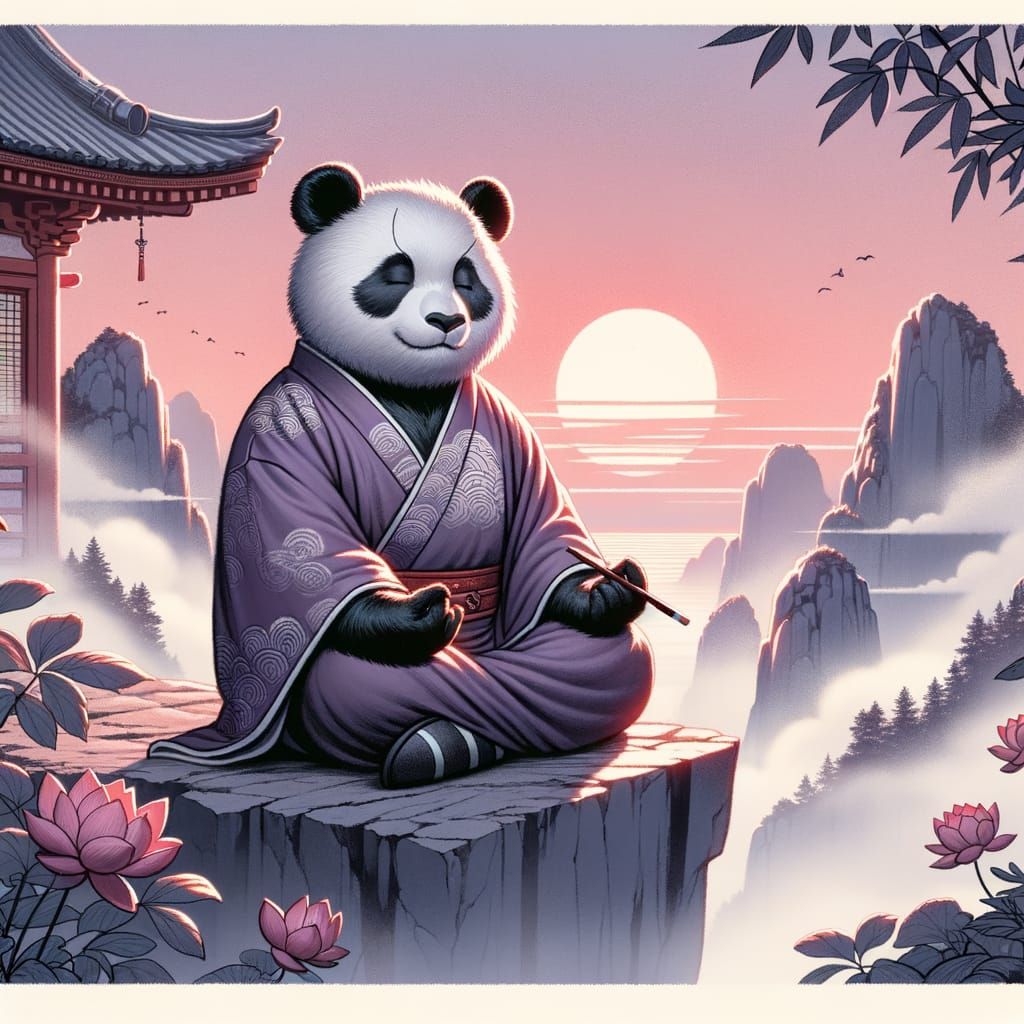 Meditating Panda in Ukiyo-e Style With Lotus Flowers