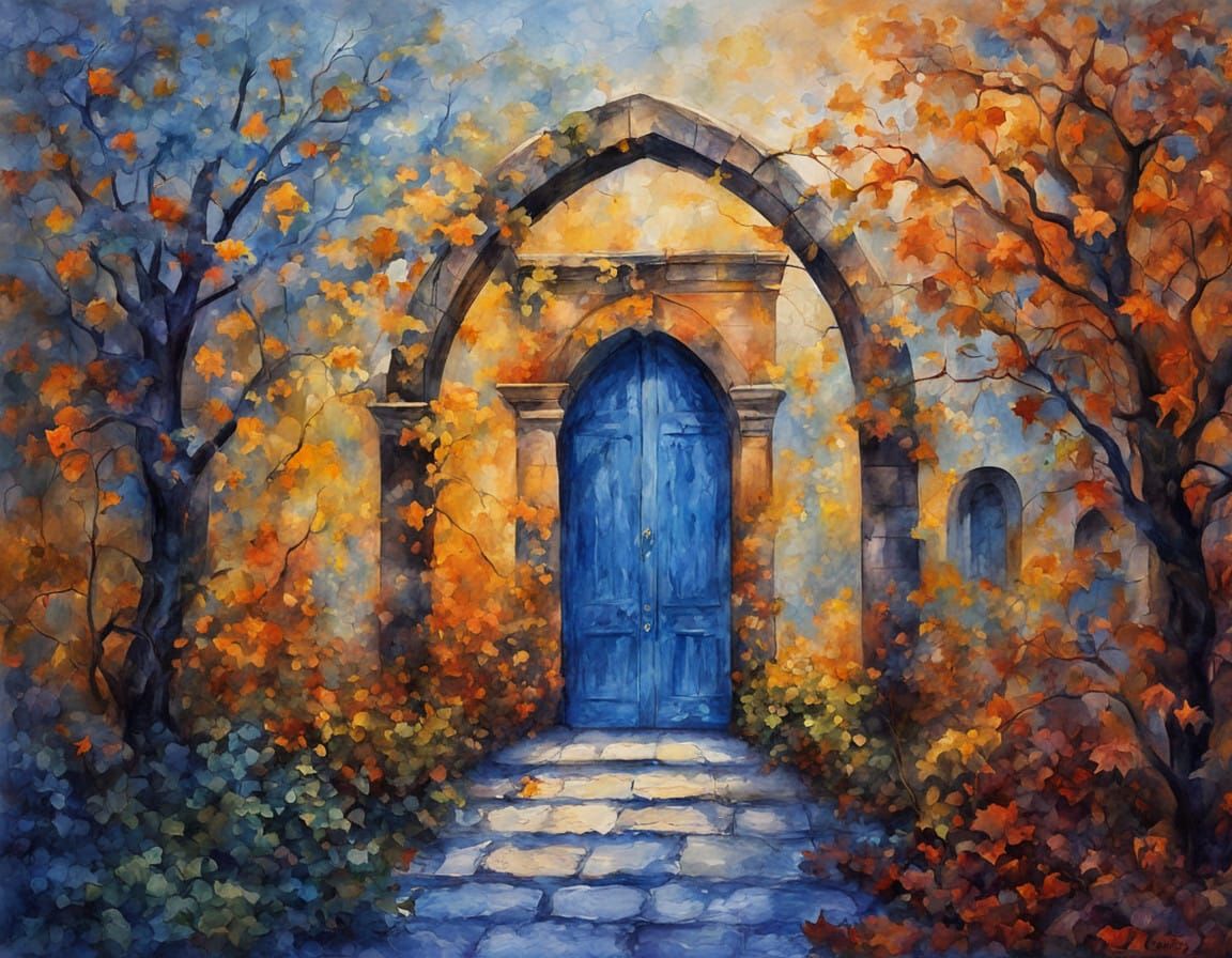 Mystical Glass Figurines in Ancient Hallway of Arches