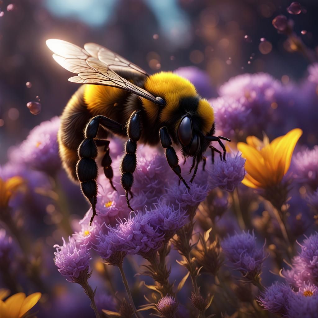 Bumblebee Pollinating Flowers in Dark Fantasy Style