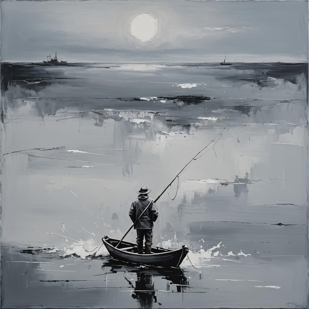 Abstract Grey Painting of a Fisherman at Sea