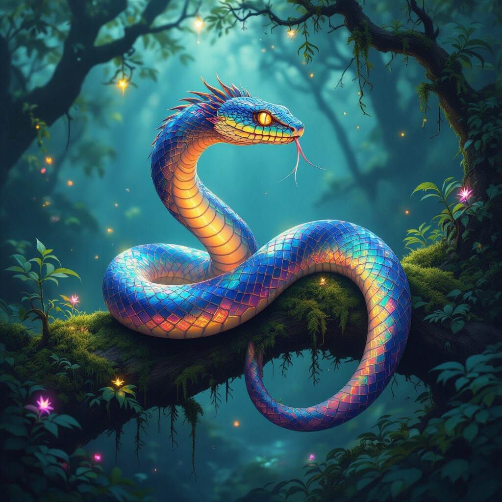 Rainbow Serpent on Mossy Branch in Enchanted Forest
