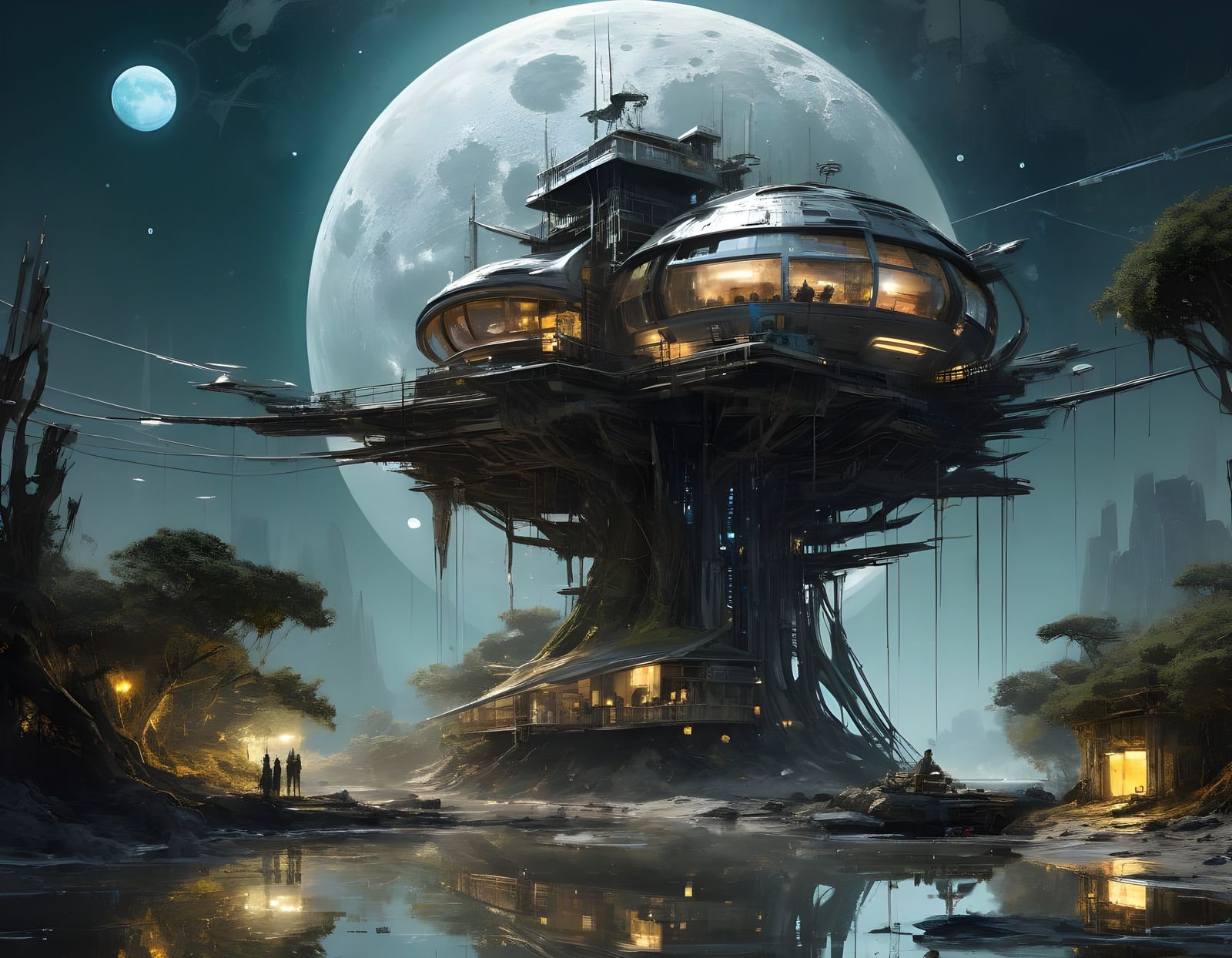 Surreal Lunar Treehouse in Futuristic Solarpunk Style