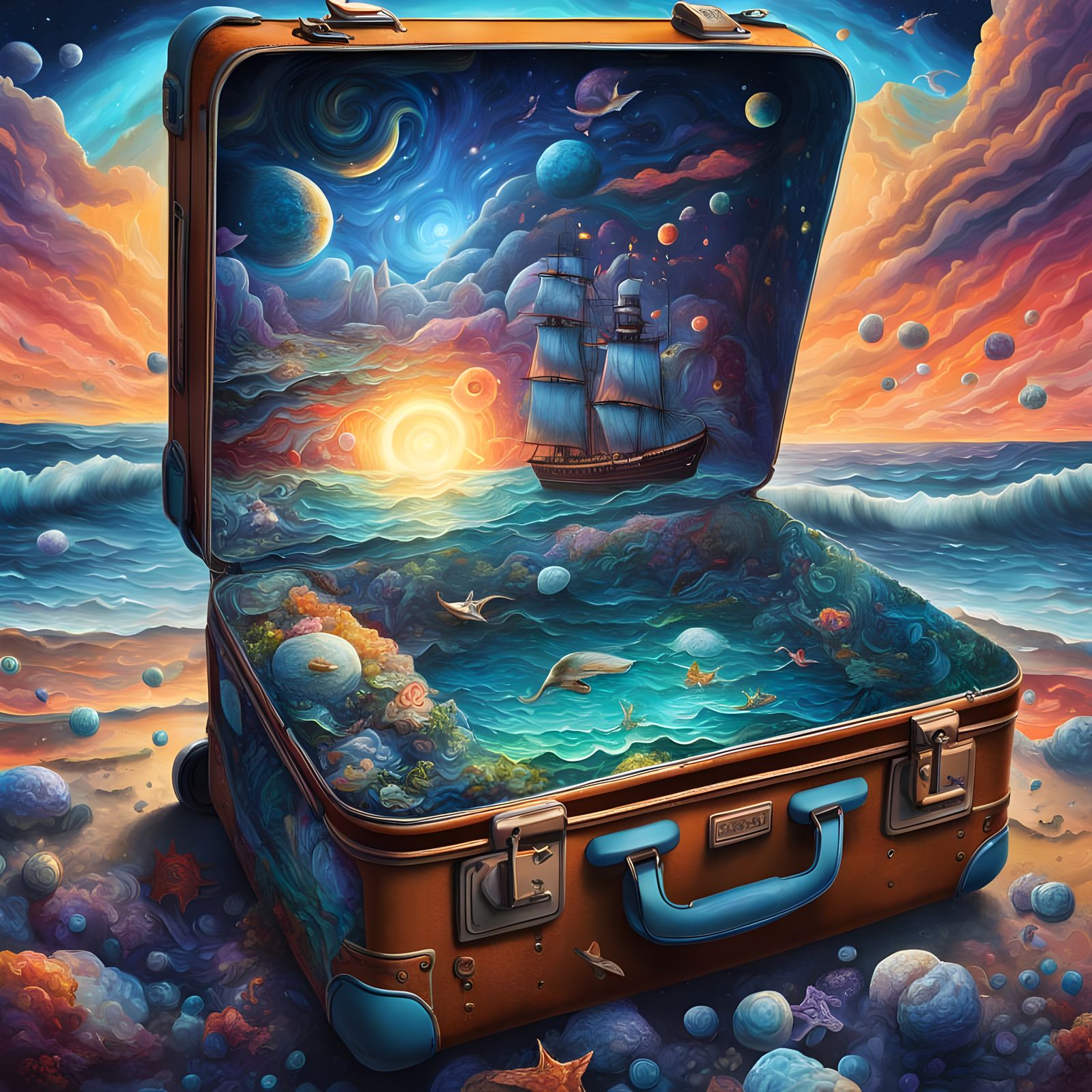 Surreal Cosmic Seascape in Vibrant Mixed Media