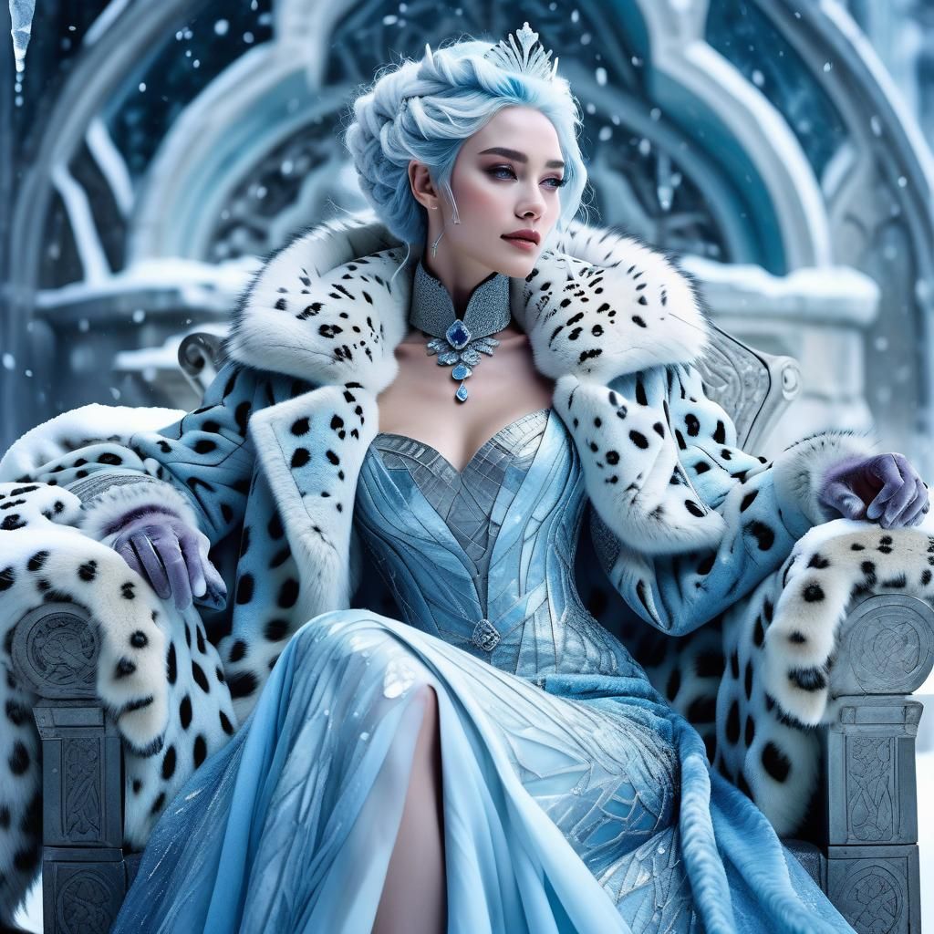 Fantasy Ice Queen on Throne in Dark Academia Style
