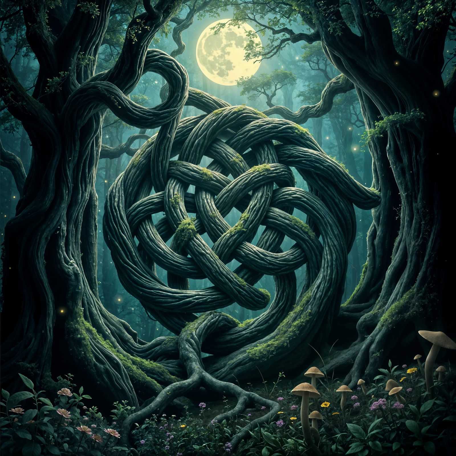 Mystical Celtic Knot of Tree Roots in Enchanted Forest