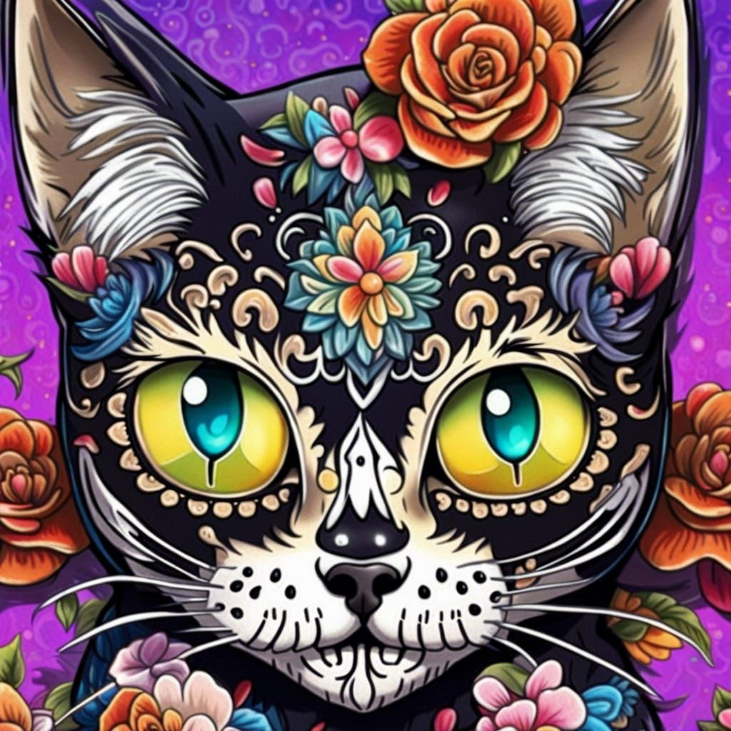 Day of the Dead Sugar Skull Cat in Anime Style