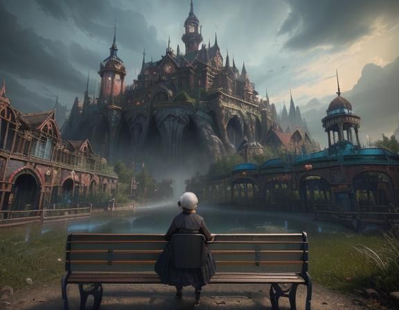 Old Woman in Abandoned Theme Park: Digital Matte Painting