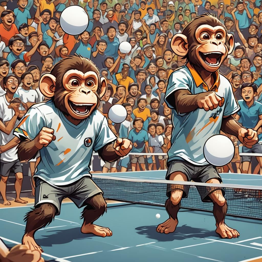 Monkeys Play Table Tennis in Cartoon Comic Style