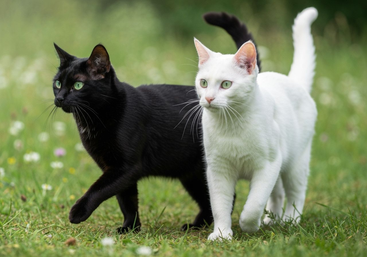 Black Cat and White Cat in Meadow
