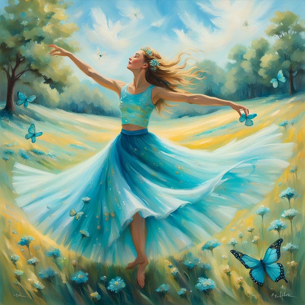 Impressionist Dancer in Summer Meadow with Turquoise Flowers