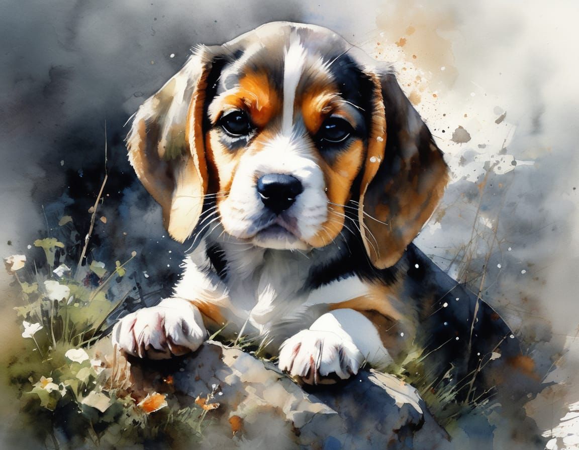Watercolor Portrait of a Beagle Puppy in a Fairytale Setting