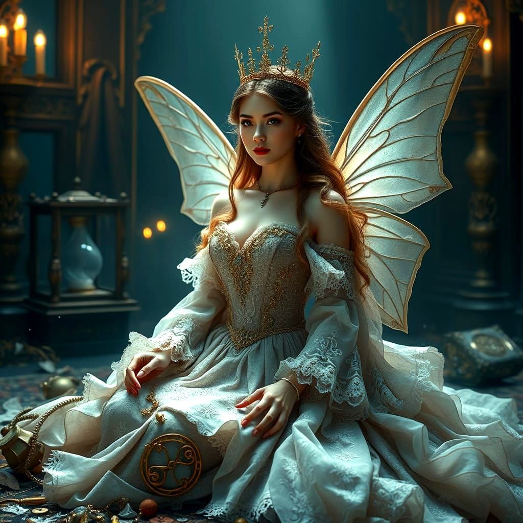 Majestic Queen of Fairies in Medieval Gown, Amidst Broken Ho...