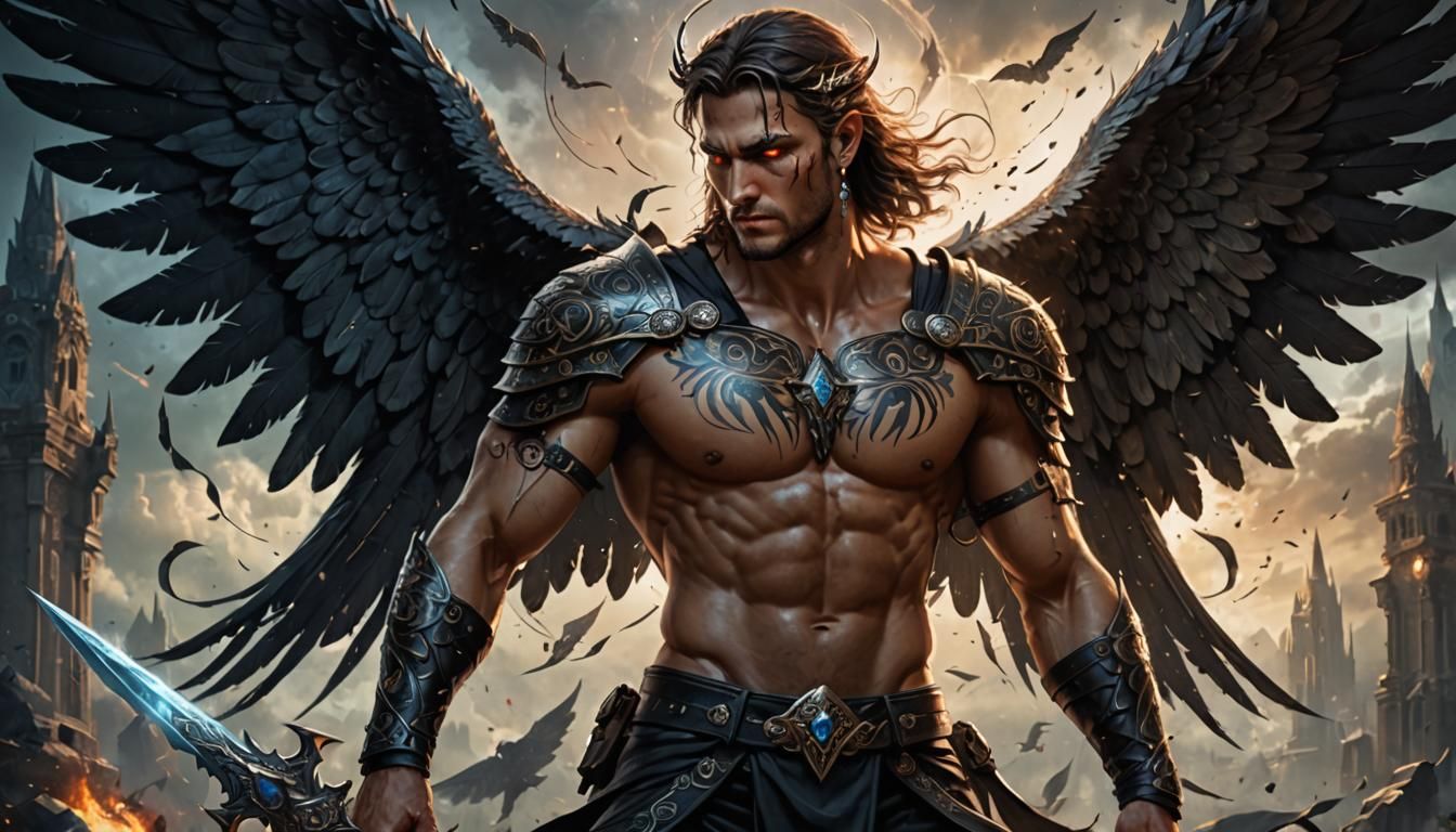 Handsome Angel with Black Wings and Runic Tattoos