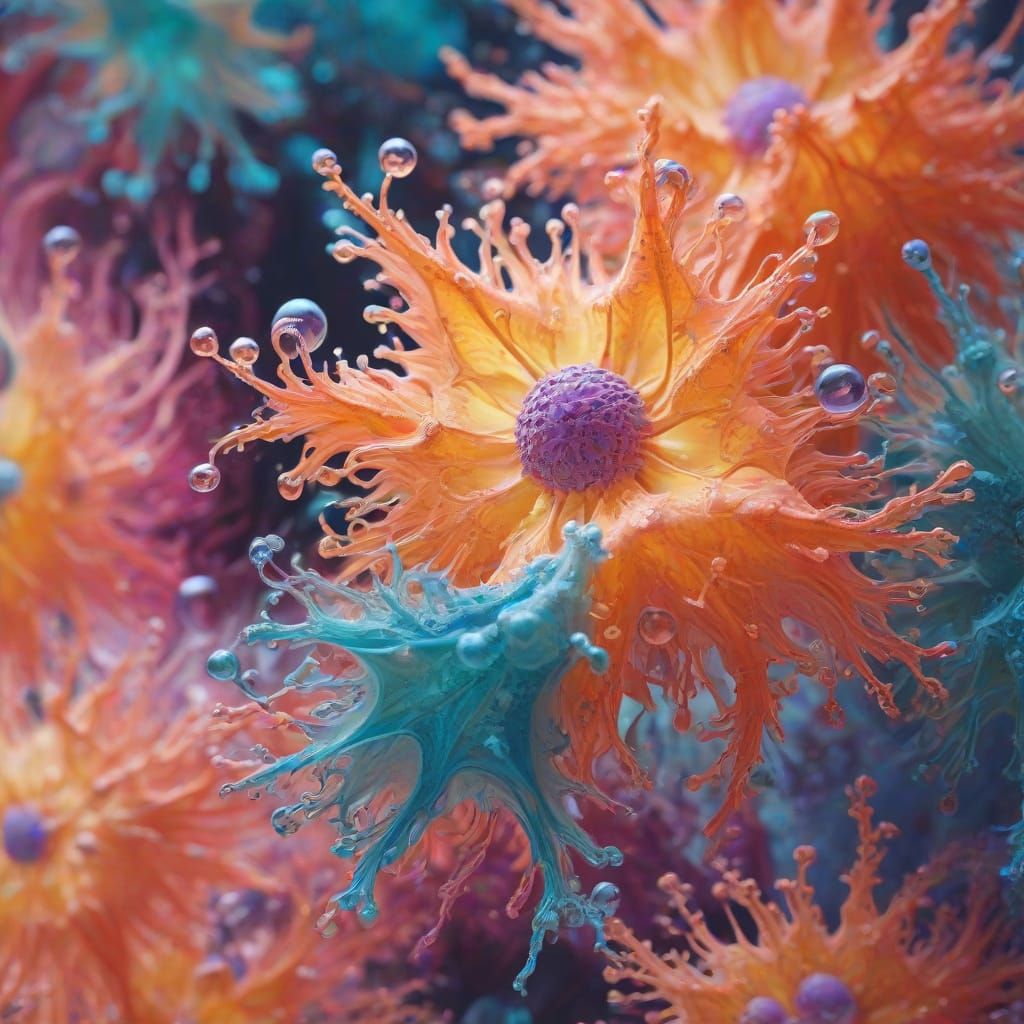 Surreal Macro Art of Yeast Cells in Vibrant, Swirling Liquid