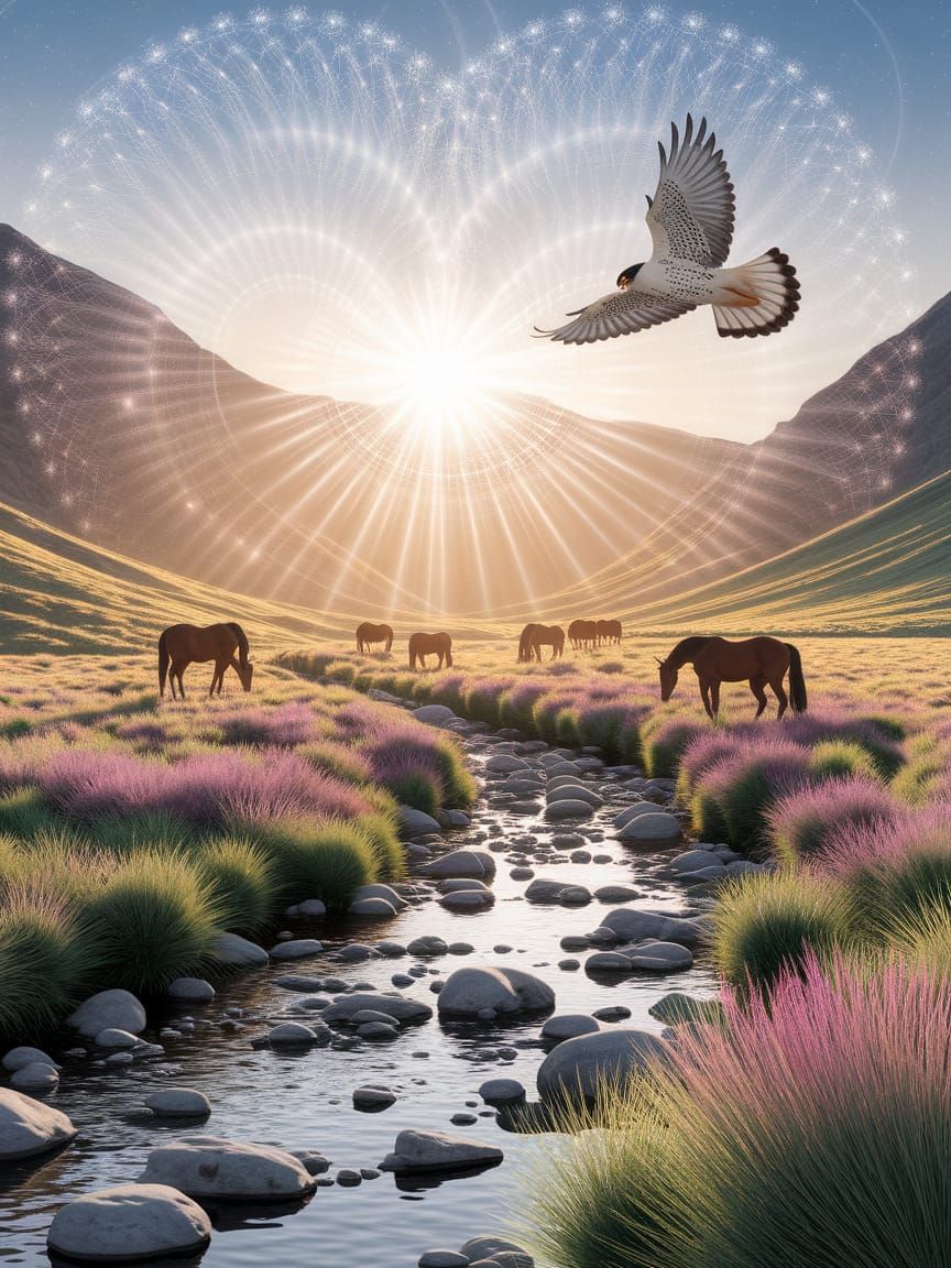 Peaceful Valley Scene with Horses and Falcon in Golden Light