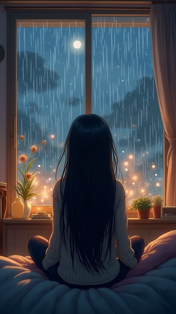 Girl Watching Movie in Rain, Watercolor Style