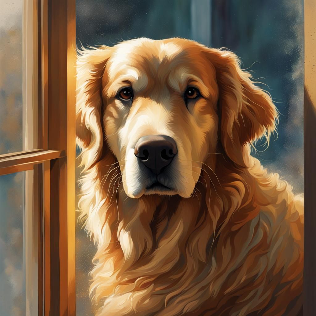 Hyperrealistic Golden Retriever Window Portrait