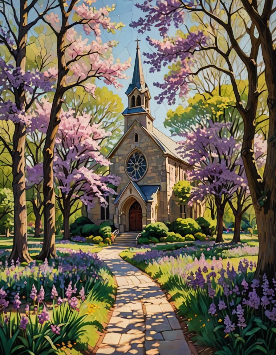 Impressionistic Country Church with Almond Flower
