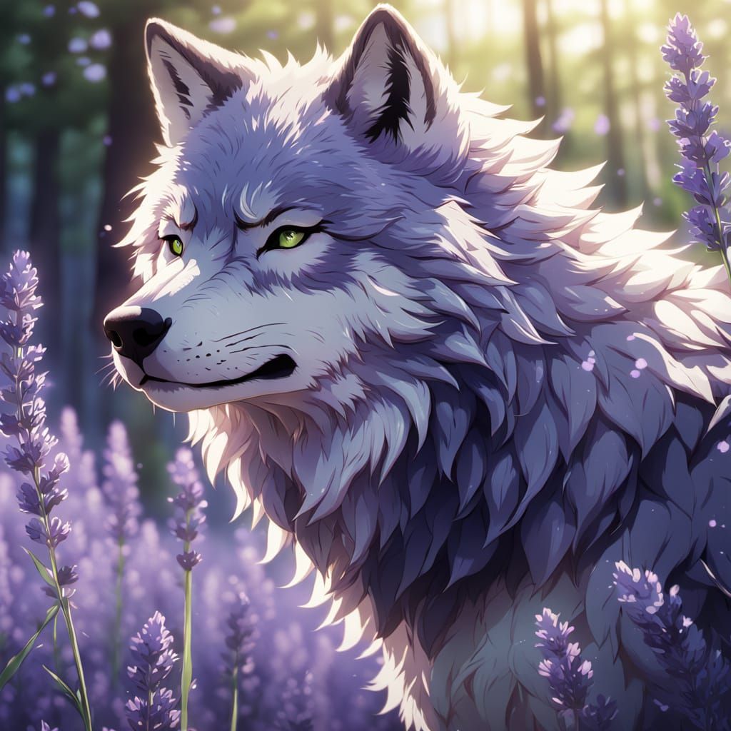 Anime Wolf Portrait with Lavender in Shinkai Style
