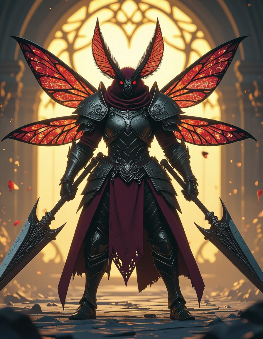 Moth Paladin with Double Blades in Dark Fantasy Art