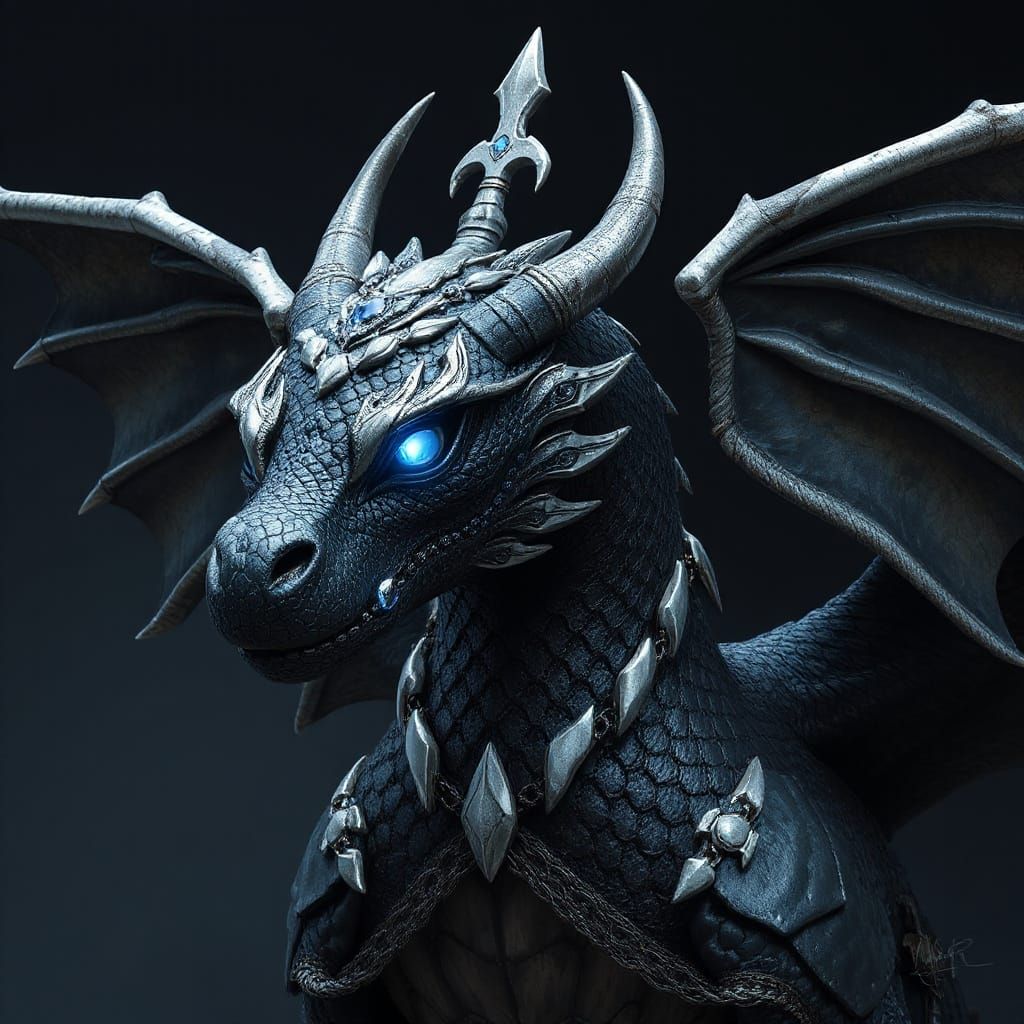 Majestic Black Dragon with Silver Scales in Digital Art Styl...