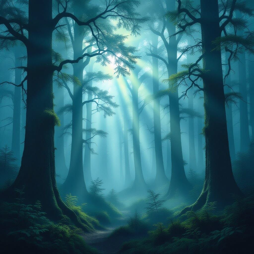 Surreal Forest Landscape in Ethereal Fog and Light