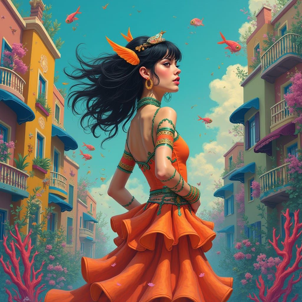 Playfulpunk Woman in Vibrant Cityscape with Fishbone Accents...