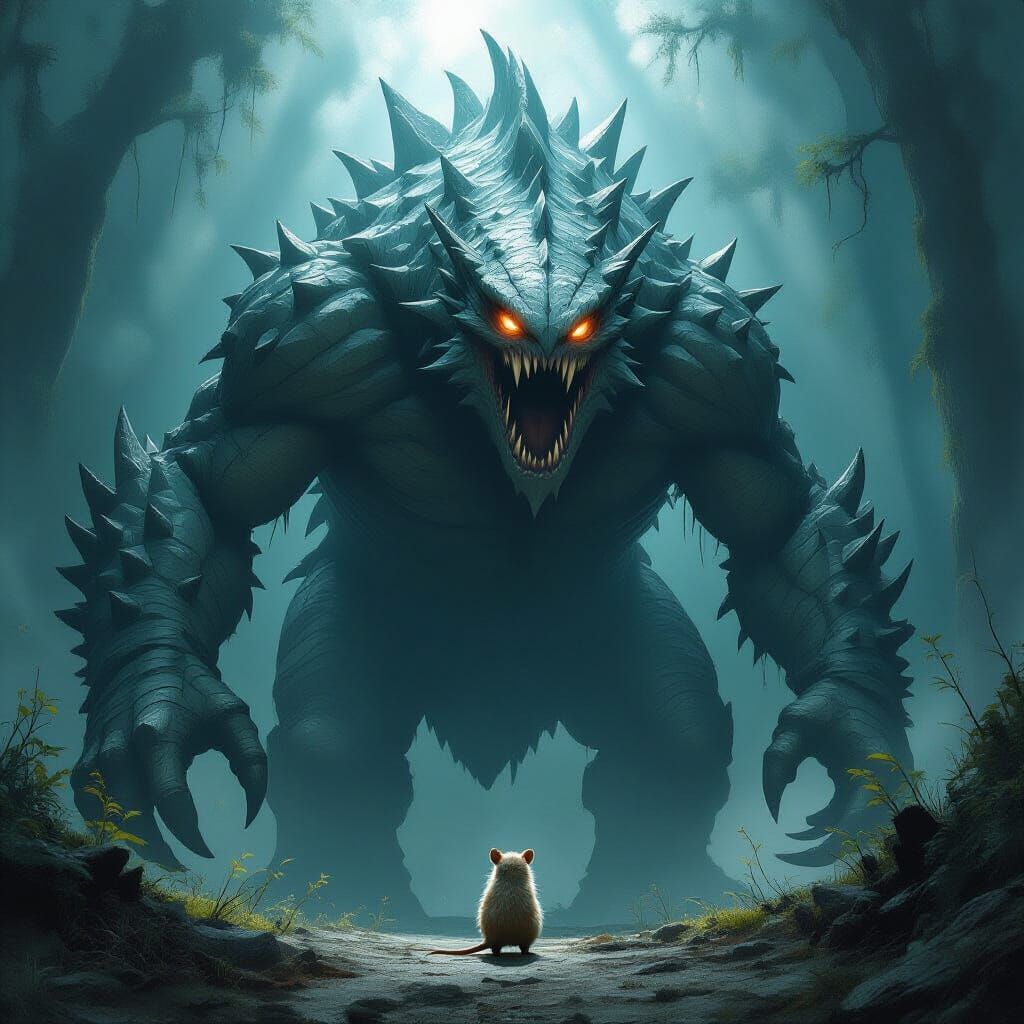 Giant Monster vs Tiny Creature in Dark Fantasy