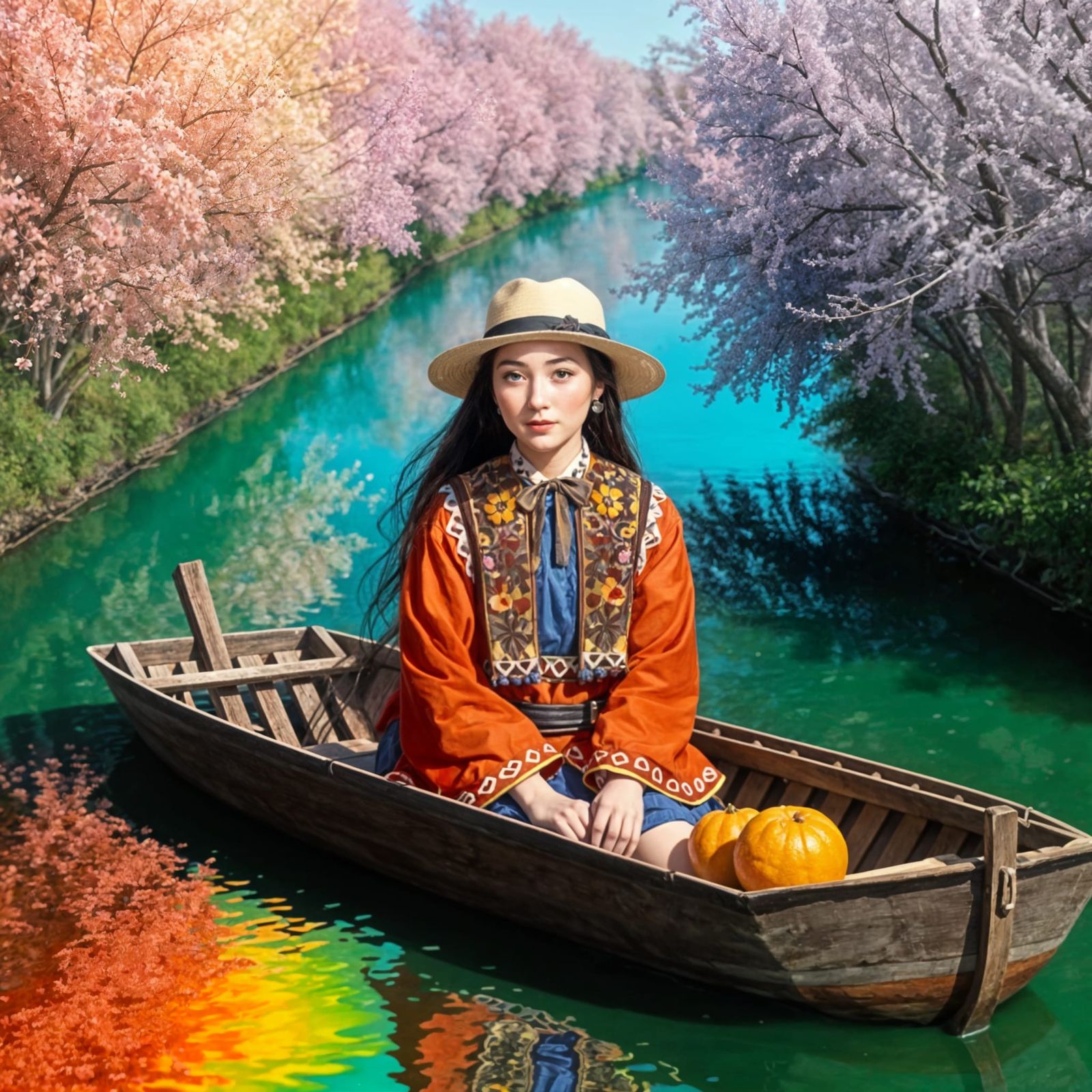 Surreal River Scene with Tangerine Trees