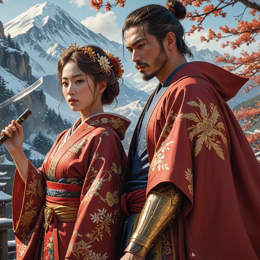 Ethereal Japanese Warriors Lock Eyes in Haunting Snow-Capped...