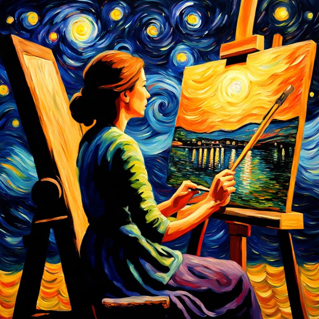 Woman at Easel Under Starry Sky: Impressionist Style