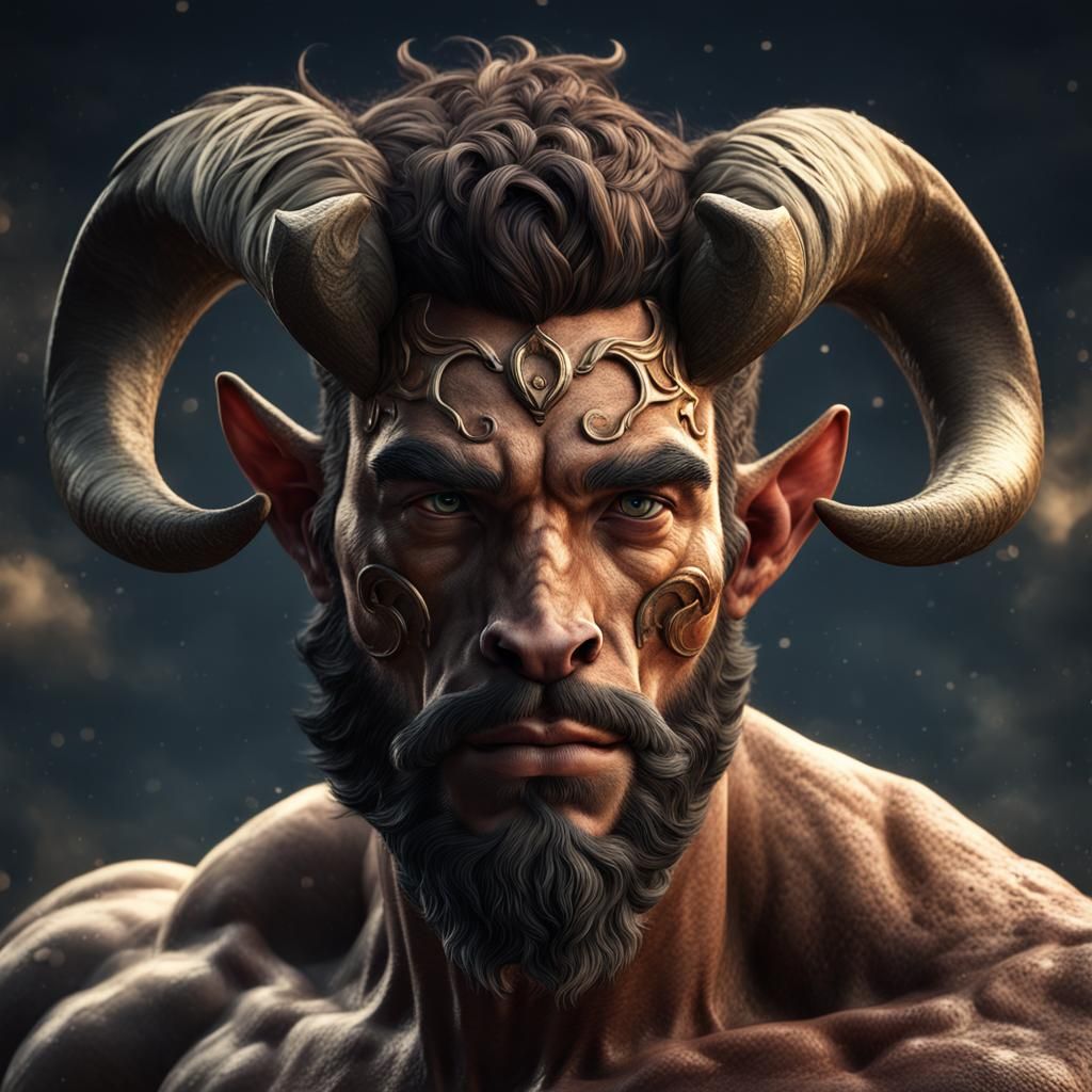 portrait of a male centaur posing to the camera, looking at the camera, human face traits, centaur ears, HDR, 8K, intric...