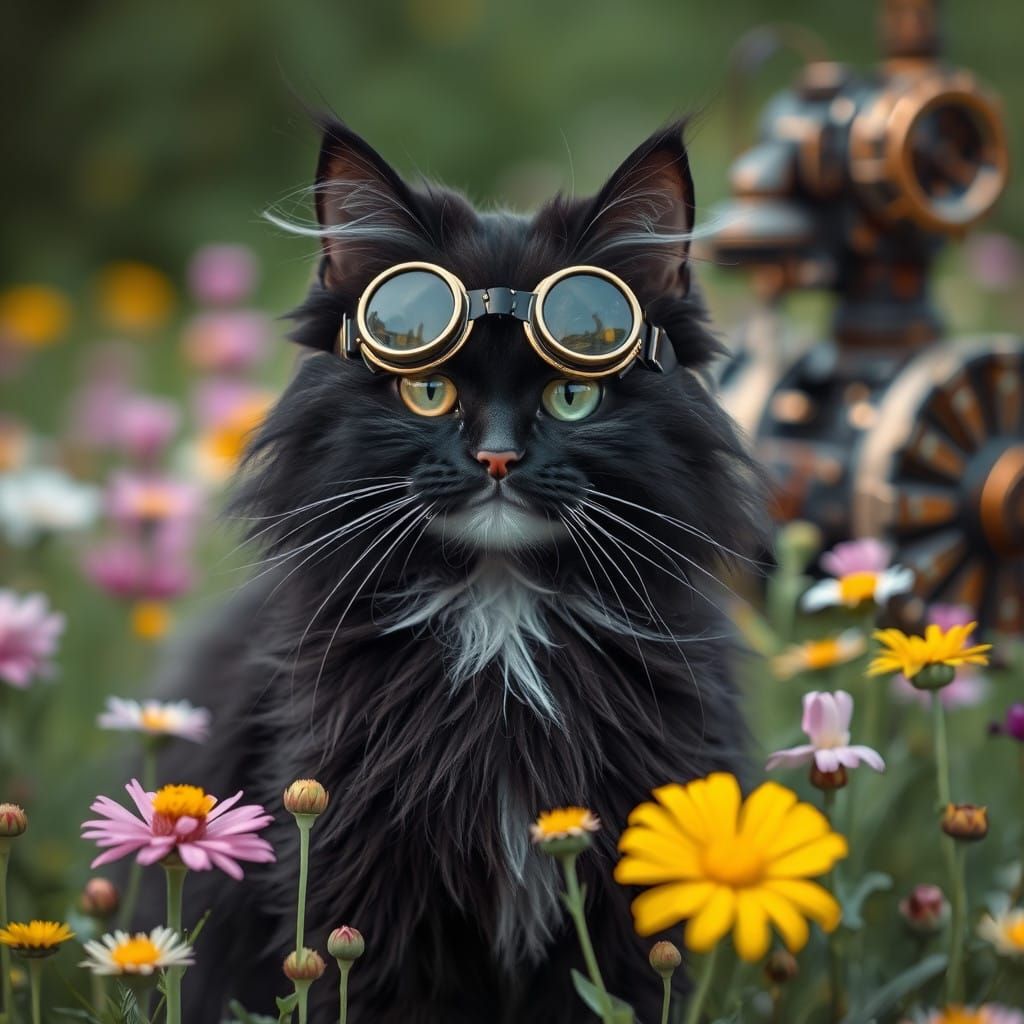 Steampunk Feline Explorer in a Mechanical Meadow