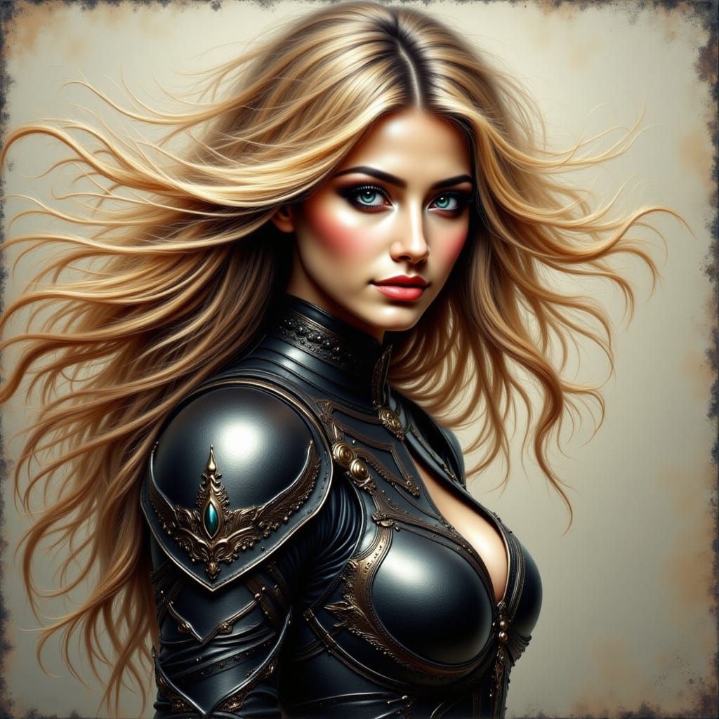 Dark Fantasy Woman Warrior in Oil Painting Style